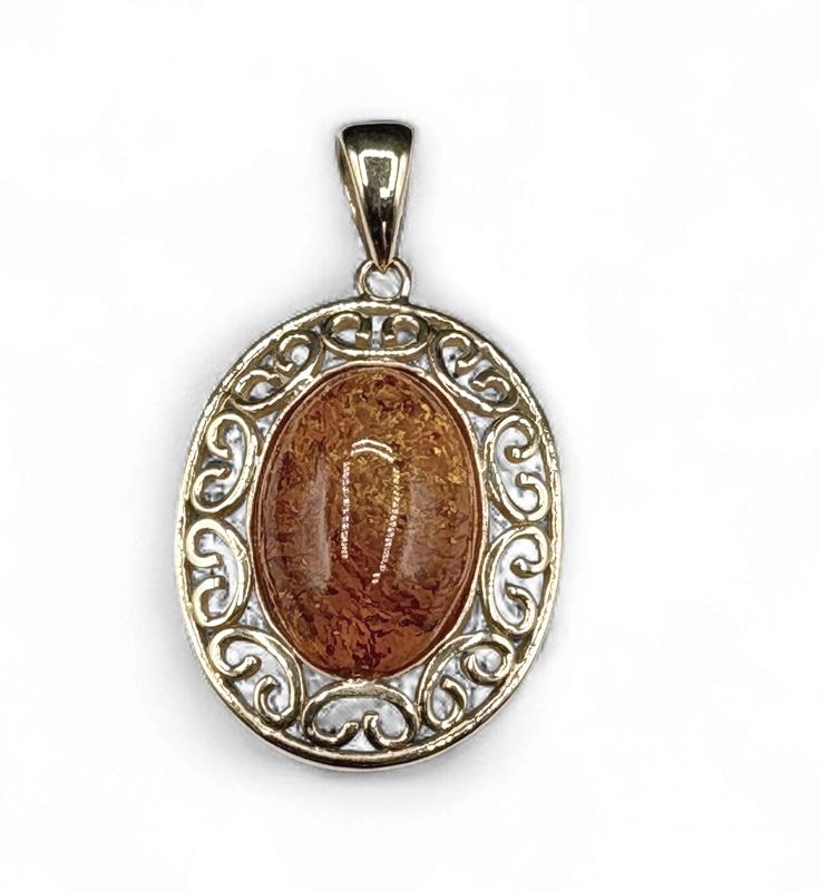 14K FILAGREE  WITH AMBER CABOCHON PENDANT IN YELLOW GOLD