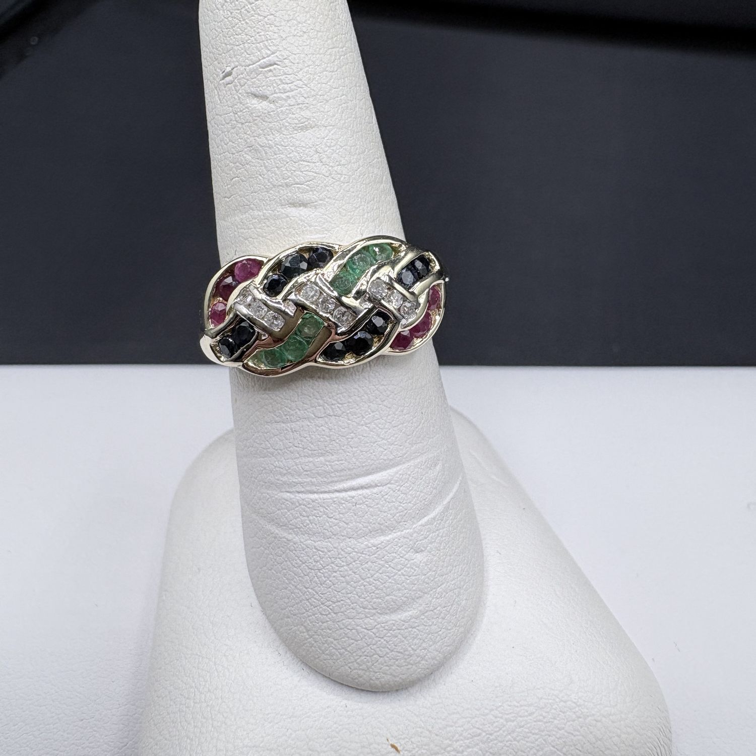 14K SAPPHIRE, RUBY, &amp; EMERALD DIAMOND BAND SIZE 7
