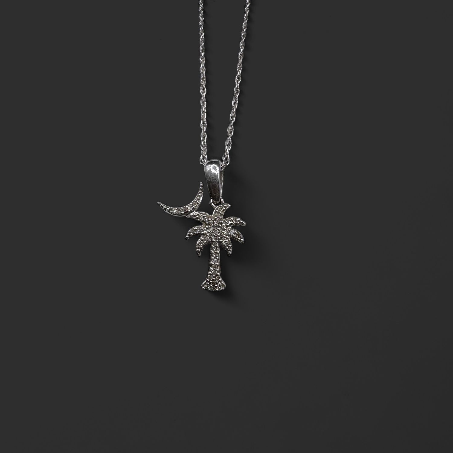 STERLING PALMETTO TREE/MOON DIAMOND PENDANT AND CHAIN 19"