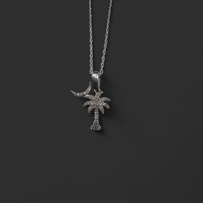 STERLING PALMETTO TREE/MOON DIAMOND PENDANT AND CHAIN 19"