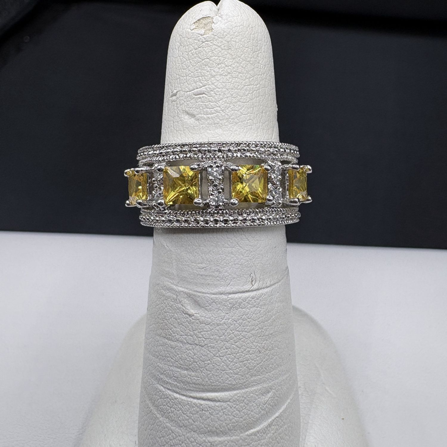 STERLING CZ &amp; YELLOW STONE ETERNITY BAND SIZE 6