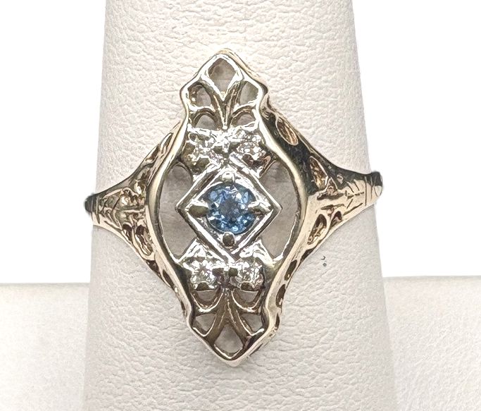 10K ANTIQUE SAPPHIRE &amp; DIAMOND RING IN YELLOW GOLD SIZE 8