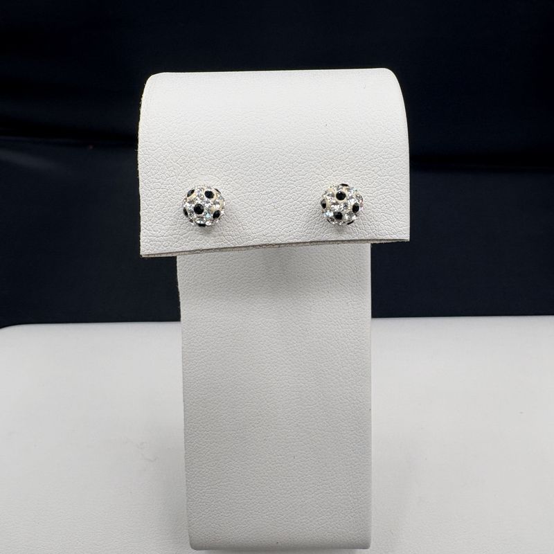 14K BLACK &amp; WHITE CRYSTAL BALL EARRING IN YELLOW GOLD