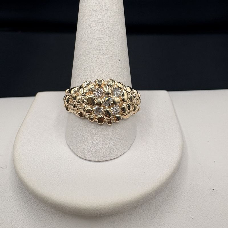 14K MEN'S GOLD NUGGET RING WITH DIAMONDS SIZE 12.25