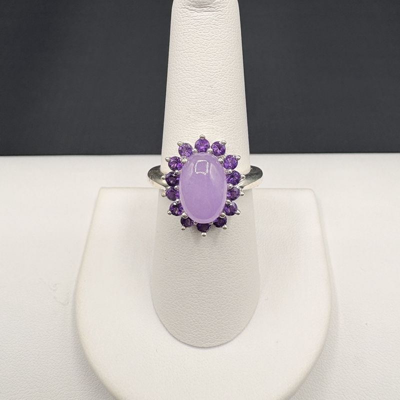 STERLING PURPLE JADE &amp; AMETHYST RING SIZE 8