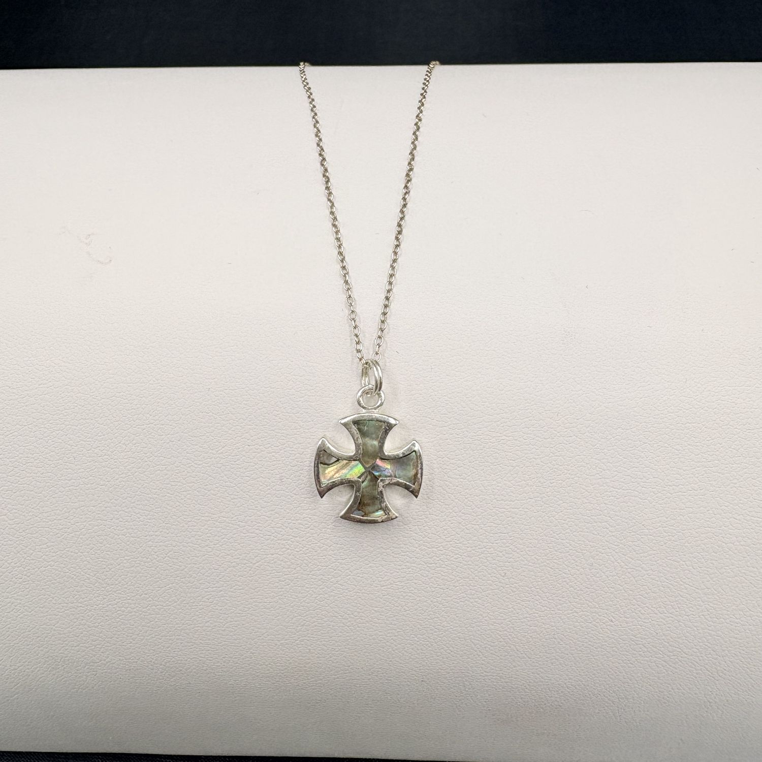 STERLING ABALONE IRON CROSS PENDANT WITH CHAIN 20"