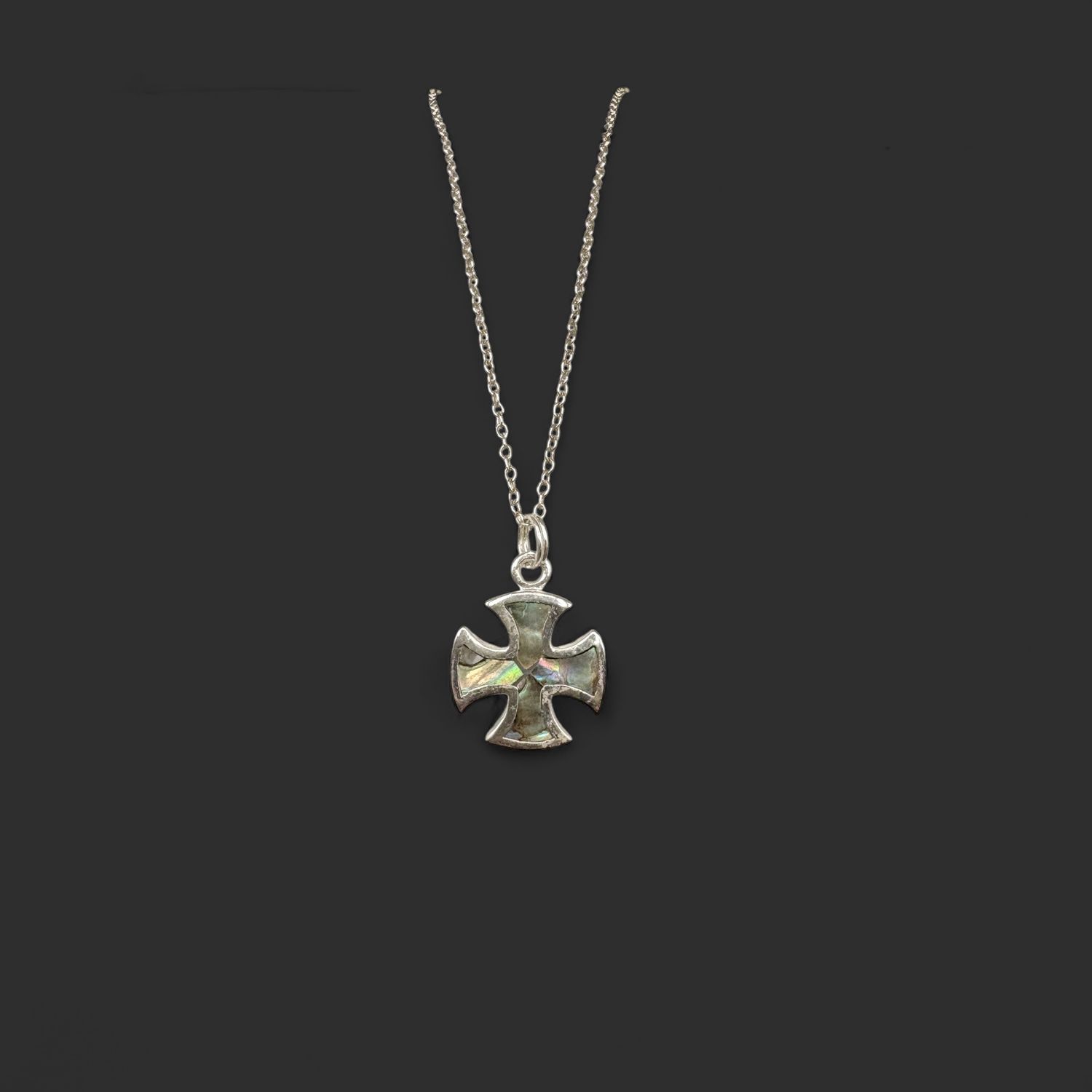 STERLING ABALONE IRON CROSS PENDANT WITH CHAIN 20"
