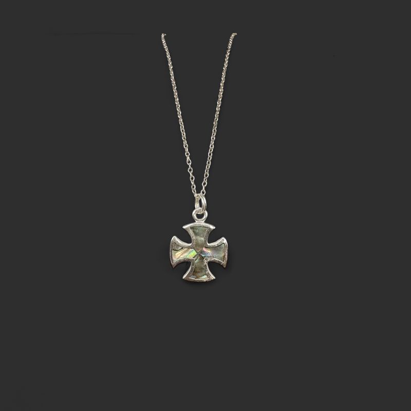 STERLING ABALONE IRON CROSS PENDANT WITH CHAIN 20"