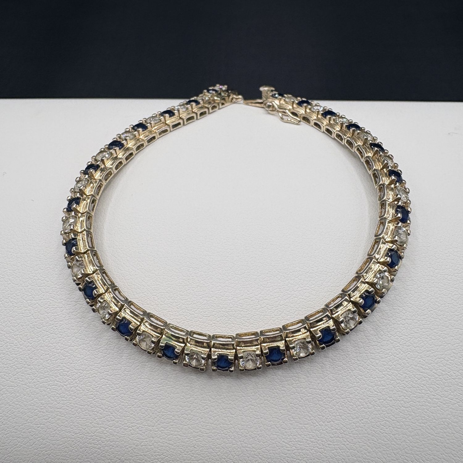 STERLING GOLD PLATED CZ &amp; CREATED SAPPHIRE BRACELET 7.25"