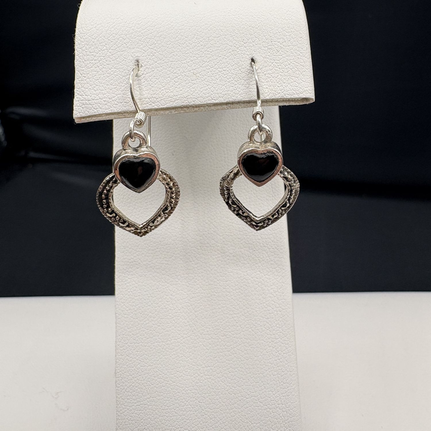 STERLING MARCASITE &amp; ONYX DANGLE EARRING