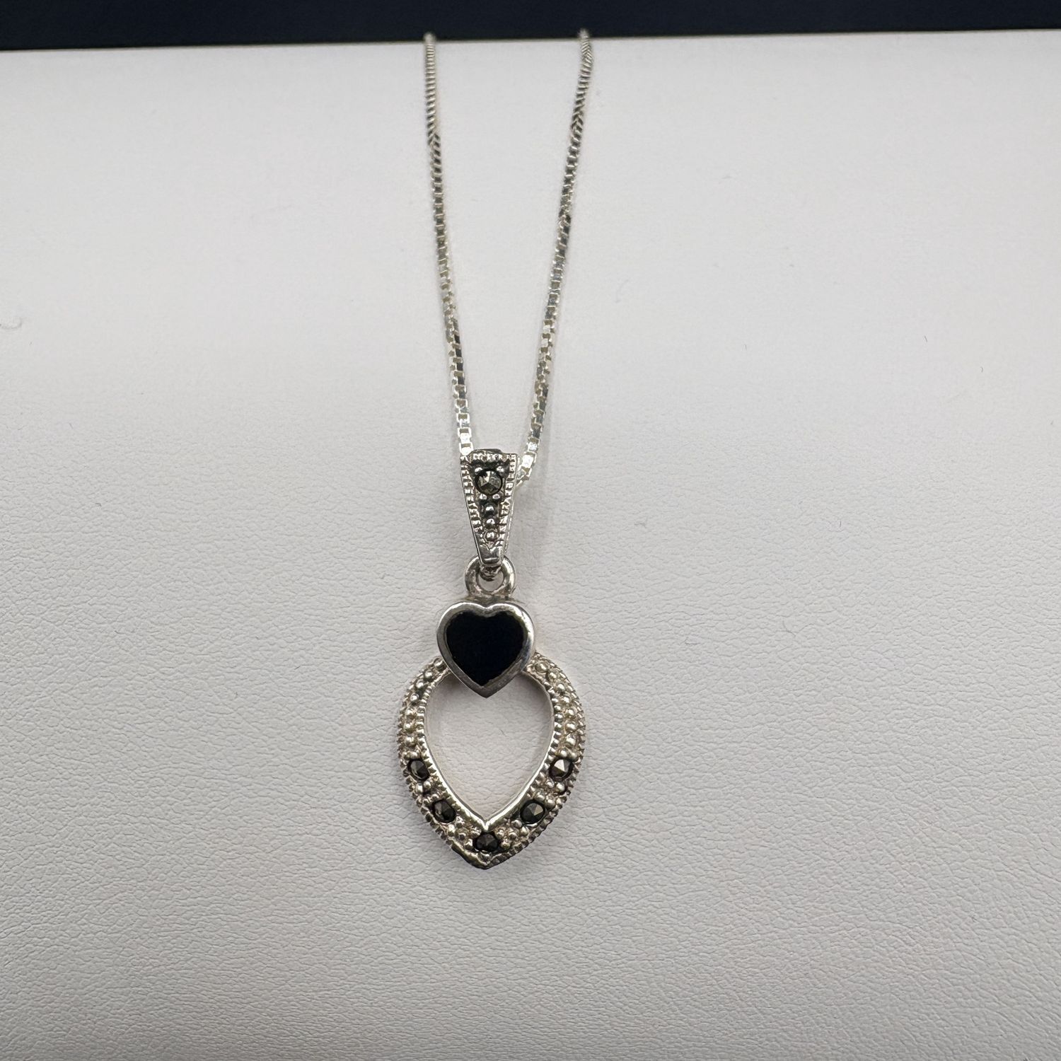 STERLING MARCACITE &amp; ONYX HEART NECKLACE 24"