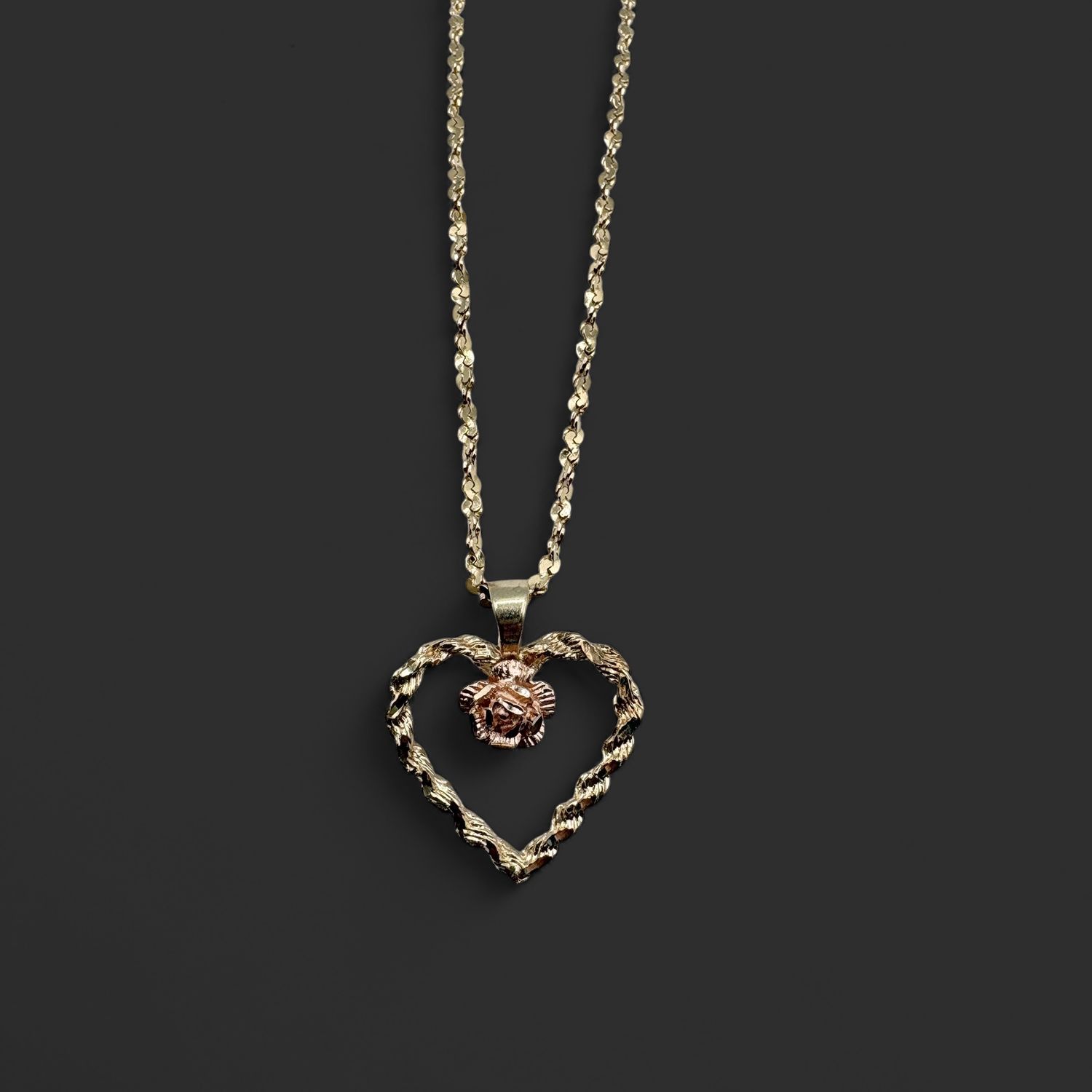 14K TWISTED DIAMOND CUT ROPE WITH HEART PENDANT 16"