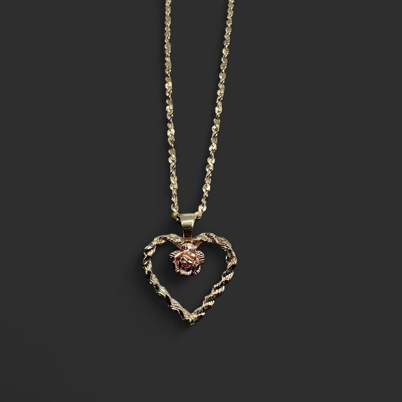 14K TWISTED DIAMOND CUT ROPE WITH HEART PENDANT 16"