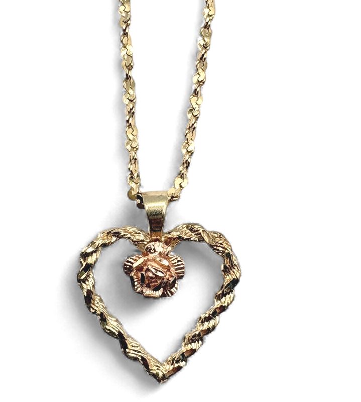 14K TWISTED DIAMOND CUT ROPE WITH HEART PENDANT 16"