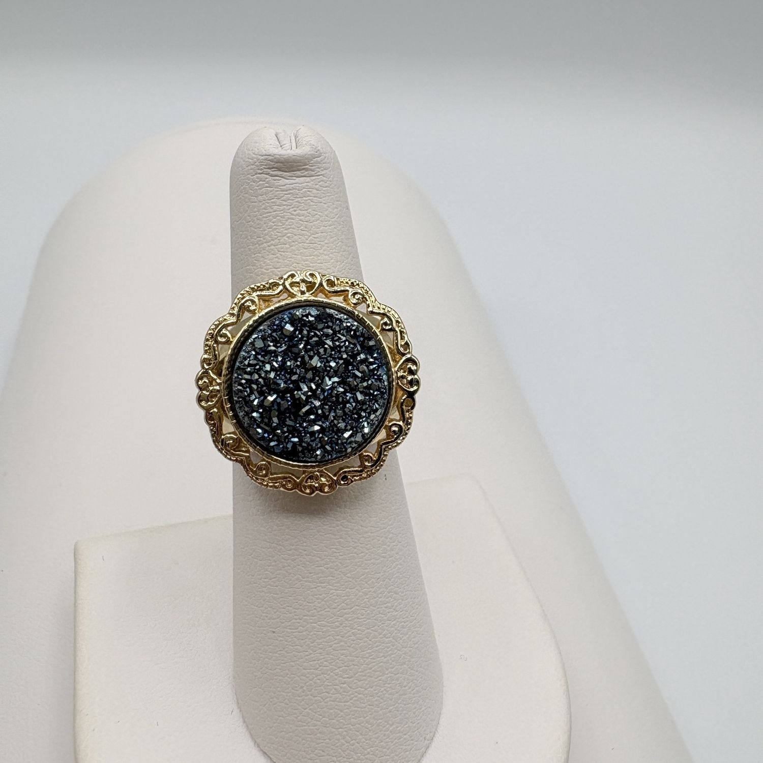 18K GOLD PLATED BLUE DROOZY WITH BRONZE HALO RING SIZE 6
