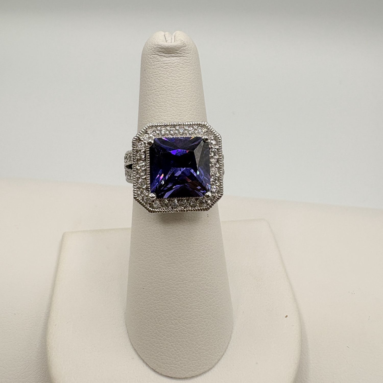 STERLING RHODIUM PLATED BLUE CRYSTAL &amp; CZ RING SIZE 6