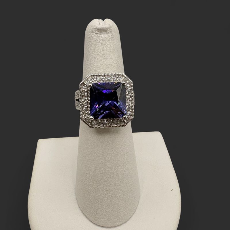 STERLING RHODIUM PLATED BLUE CRYSTAL &amp; CZ RING SIZE 6