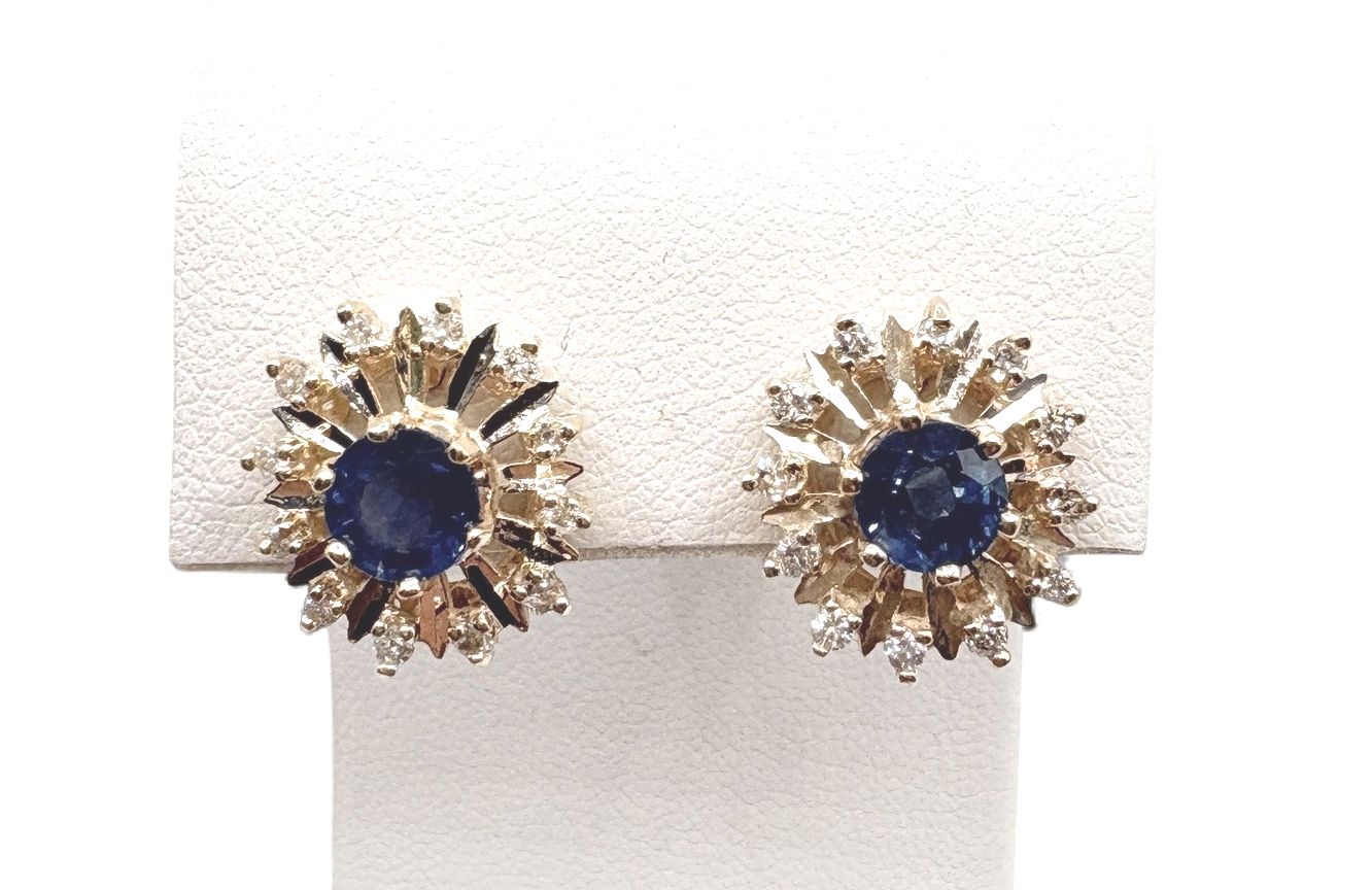 14K CORNFLOWER SAPPHIRE &amp; DIAMOND EARRINGS IN YELLOW GOLD