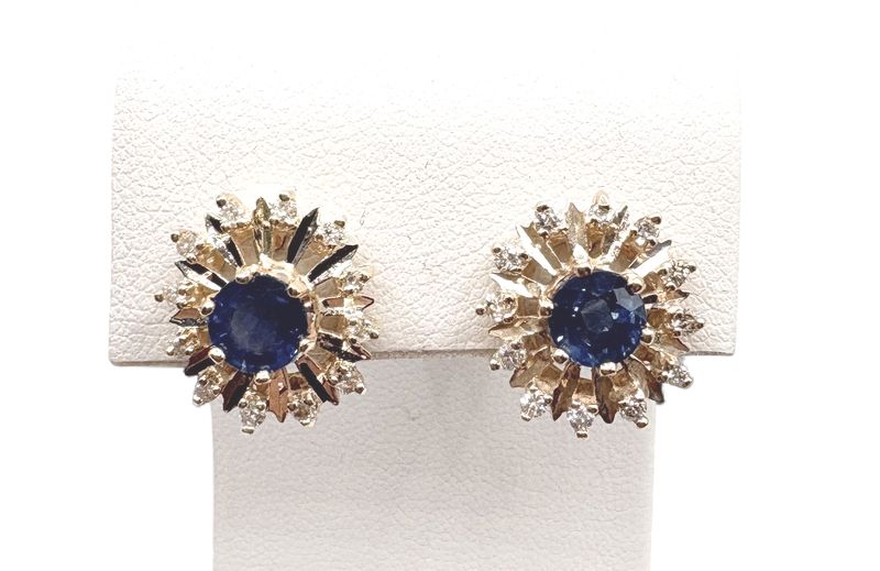 14K CORNFLOWER SAPPHIRE &amp; DIAMOND EARRINGS IN YELLOW GOLD