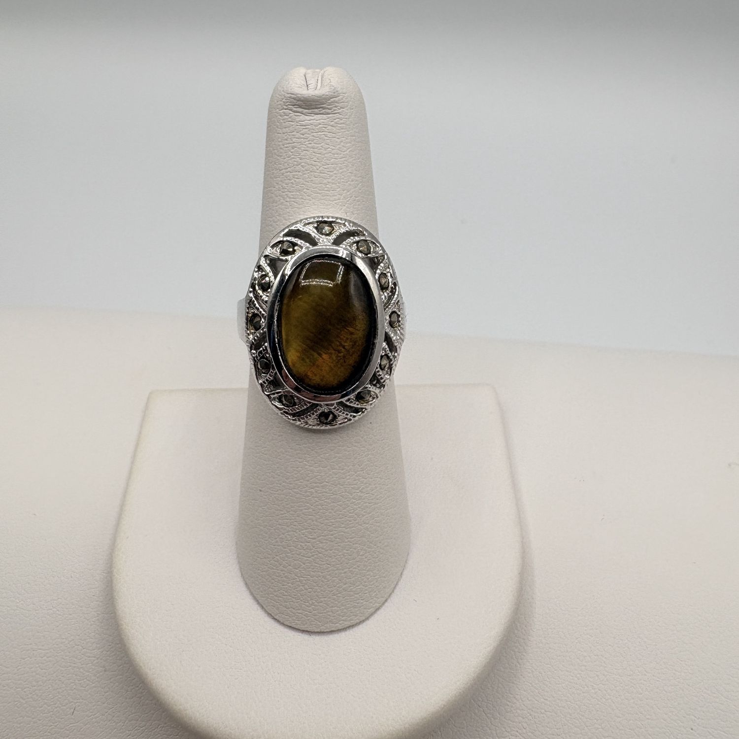 STERLING TIGERS EYE &amp; MARCASITE RING SIZE 7