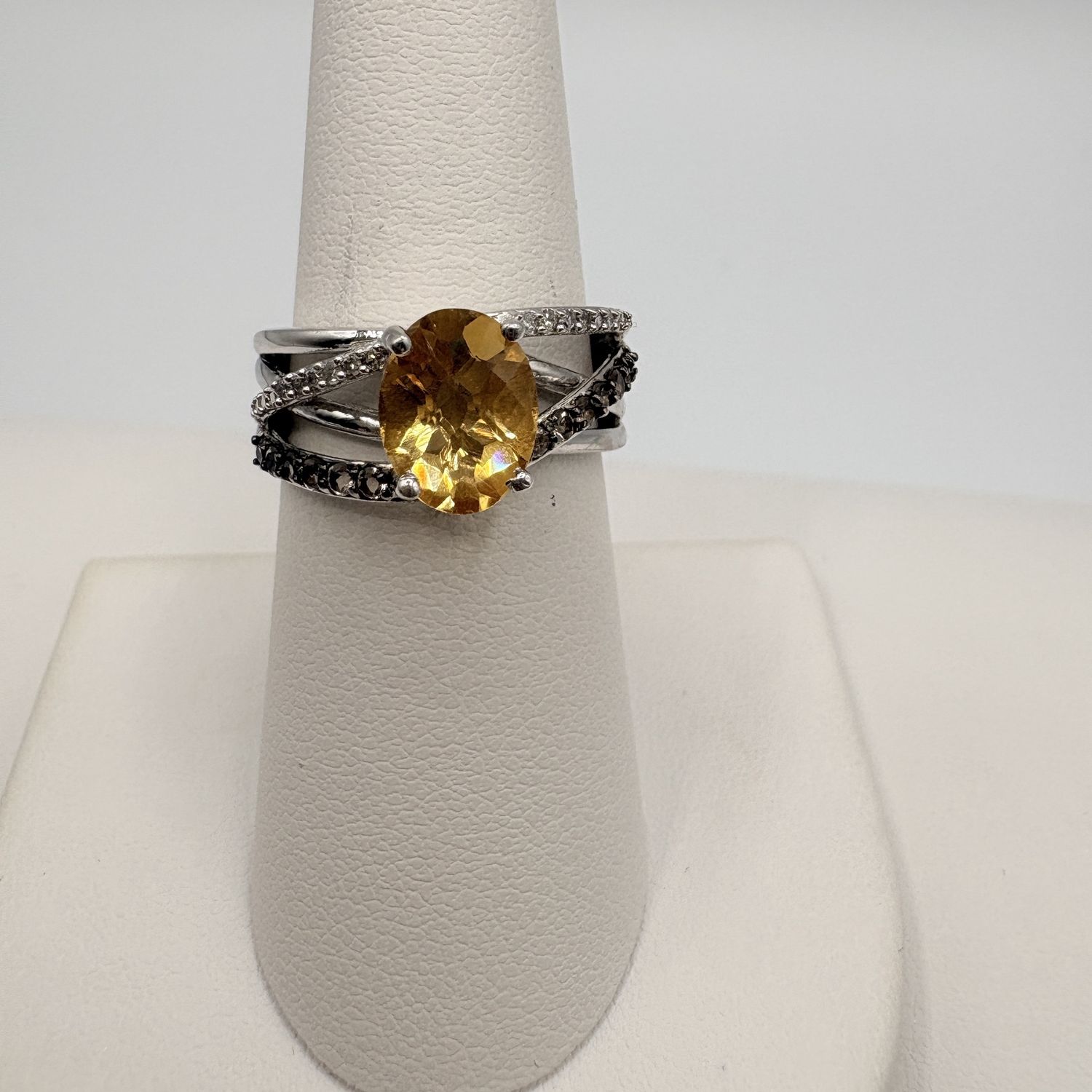 STERLING CITRINE &amp; CZ CROSSOVER RING SIZE 7