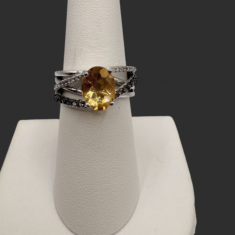 STERLING CITRINE &amp; CZ CROSSOVER RING SIZE 7
