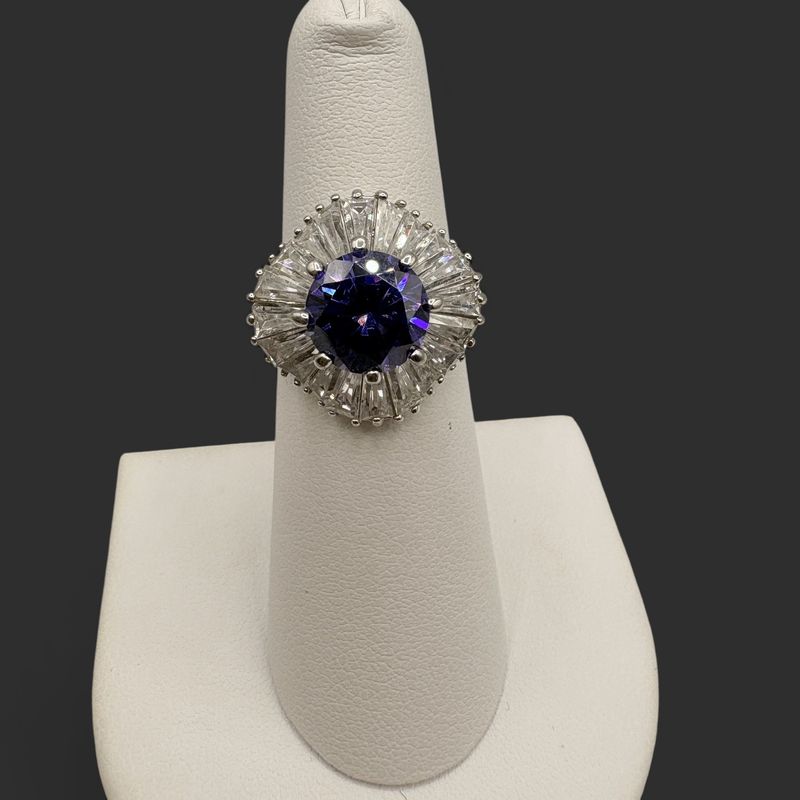 STERLING BLUE STONE &amp; CZ BAGUETTE RING SIZE 6