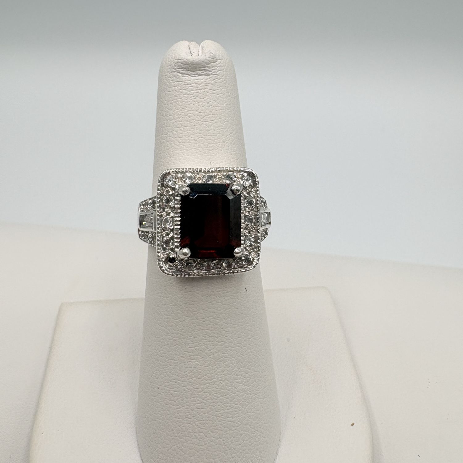 STERLING CREATED GARNET &amp; CZ RING SIZE 6
