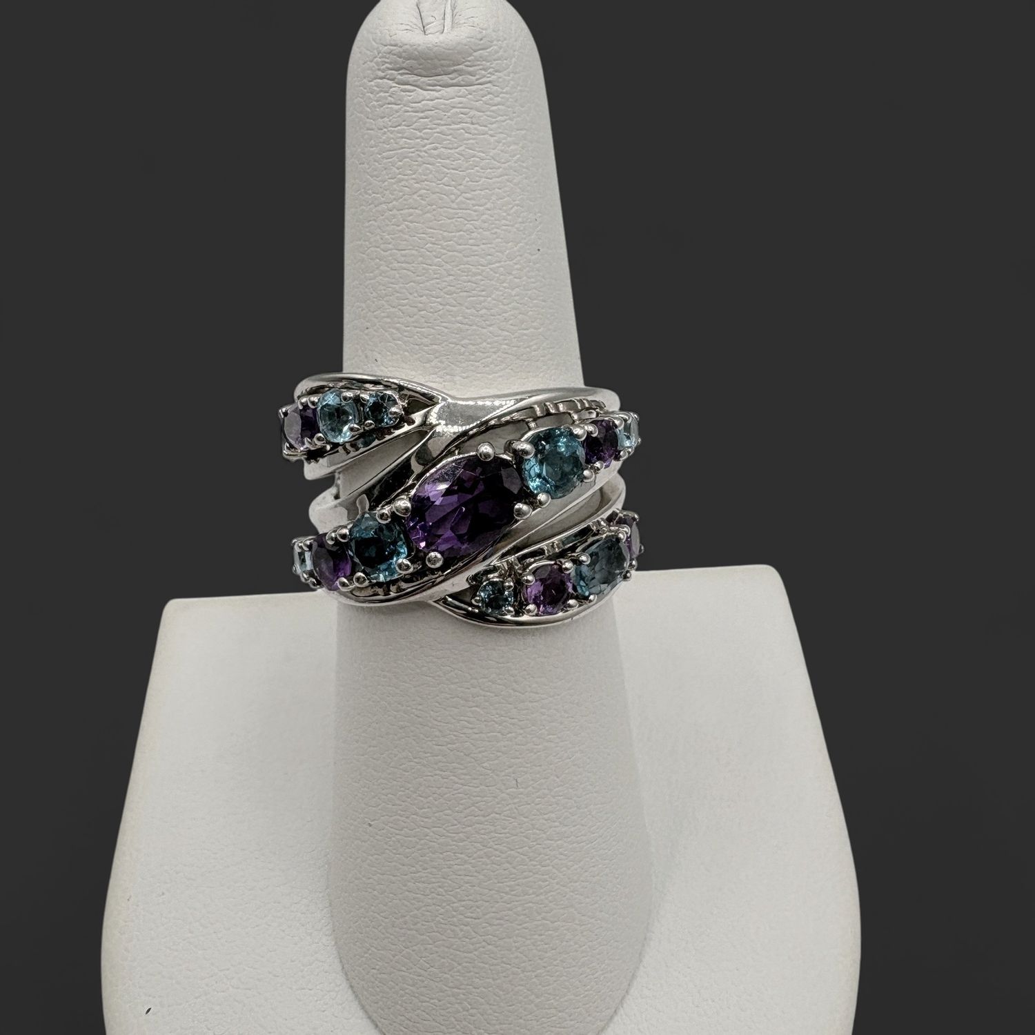 STERLING BYPASS RING WITH AMETHYST &amp; BLUE TOPAZ RING SIZE 7 BY EFFE