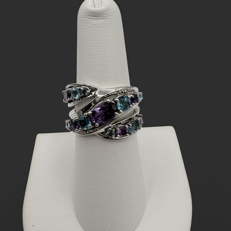 STERLING BYPASS RING WITH AMETHYST &amp; BLUE TOPAZ RING SIZE 7 BY EFFE