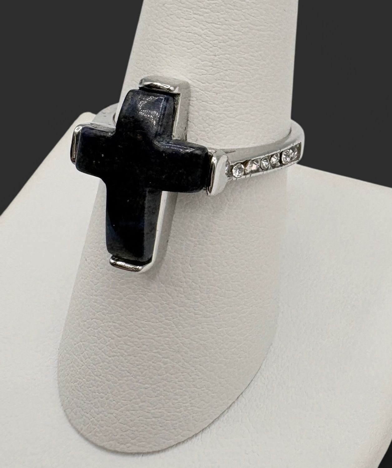 STERLING LAPIS CROSS RING WITH CZ SIZE 8.25