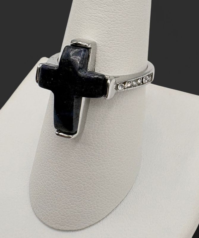 STERLING LAPIS CROSS RING WITH CZ SIZE 8.25