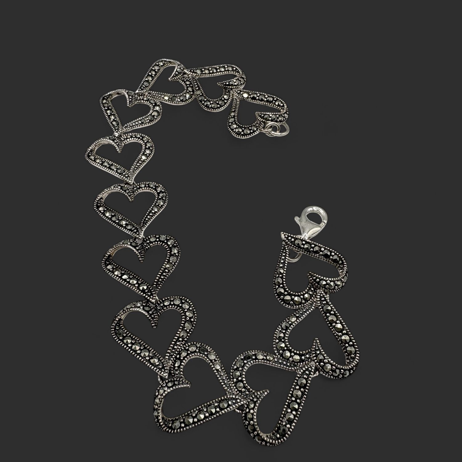 STERLING MARCASITE HEART BRACELET 7.5"