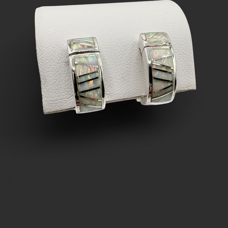 STERLING CLIP OPAL INLAY HUGGIE HOOP EARRING