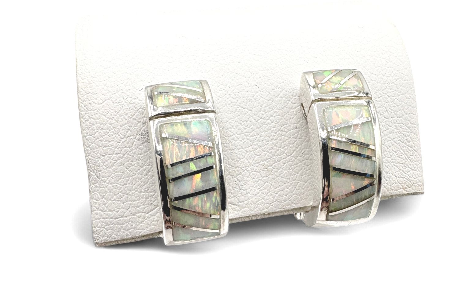 STERLING CLIP OPAL INLAY HUGGIE HOOP EARRING