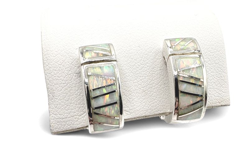STERLING CLIP OPAL INLAY HUGGIE HOOP EARRING