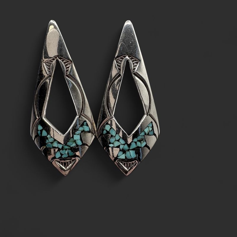 STERLING TURQUOISE KITE SHAPED EARRING 2"