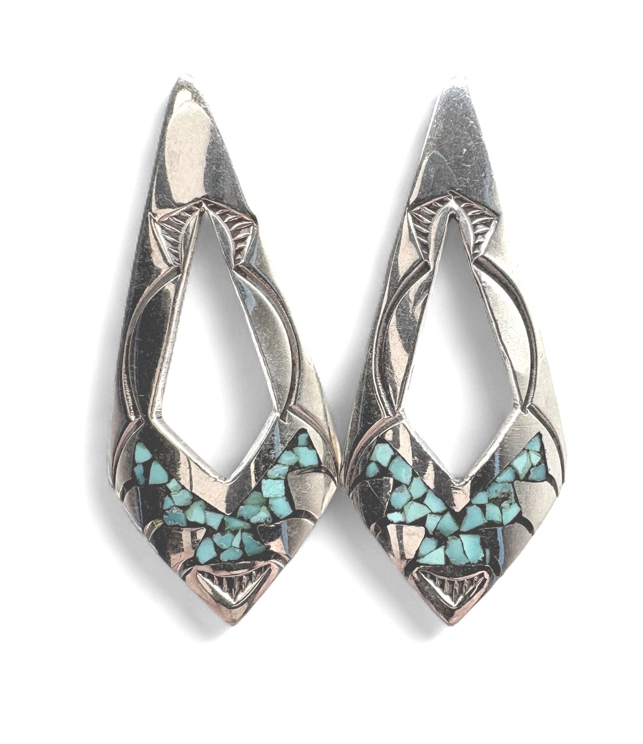 STERLING TURQUOISE KITE SHAPED EARRING 2"