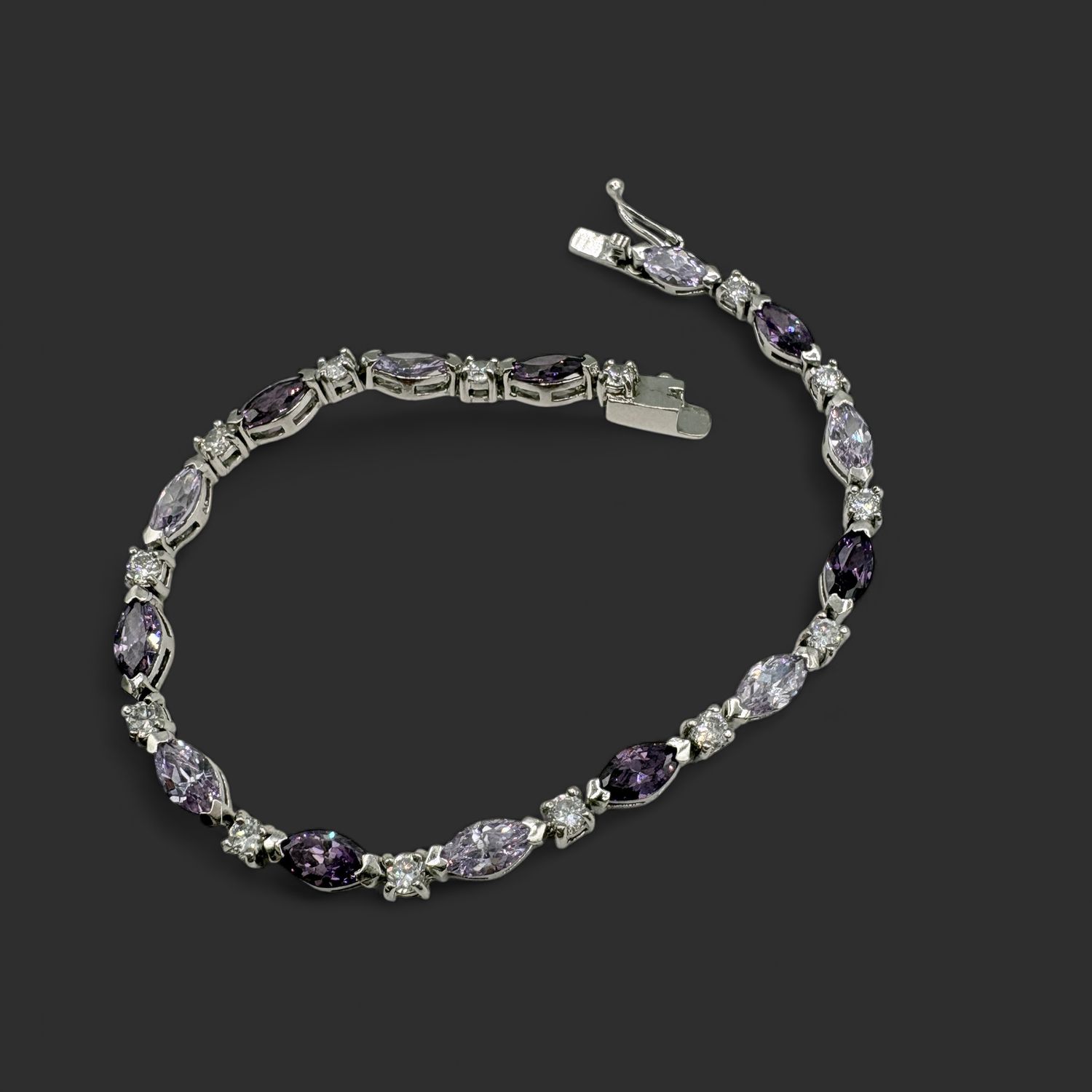 STERLING PURPLE &amp; LAVENDER GLASS TENNIS BRACELET 8"
