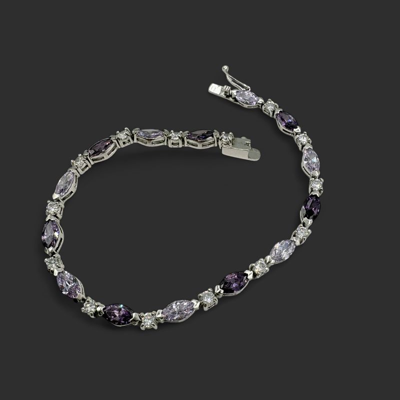 STERLING PURPLE &amp; LAVENDER GLASS TENNIS BRACELET 8"