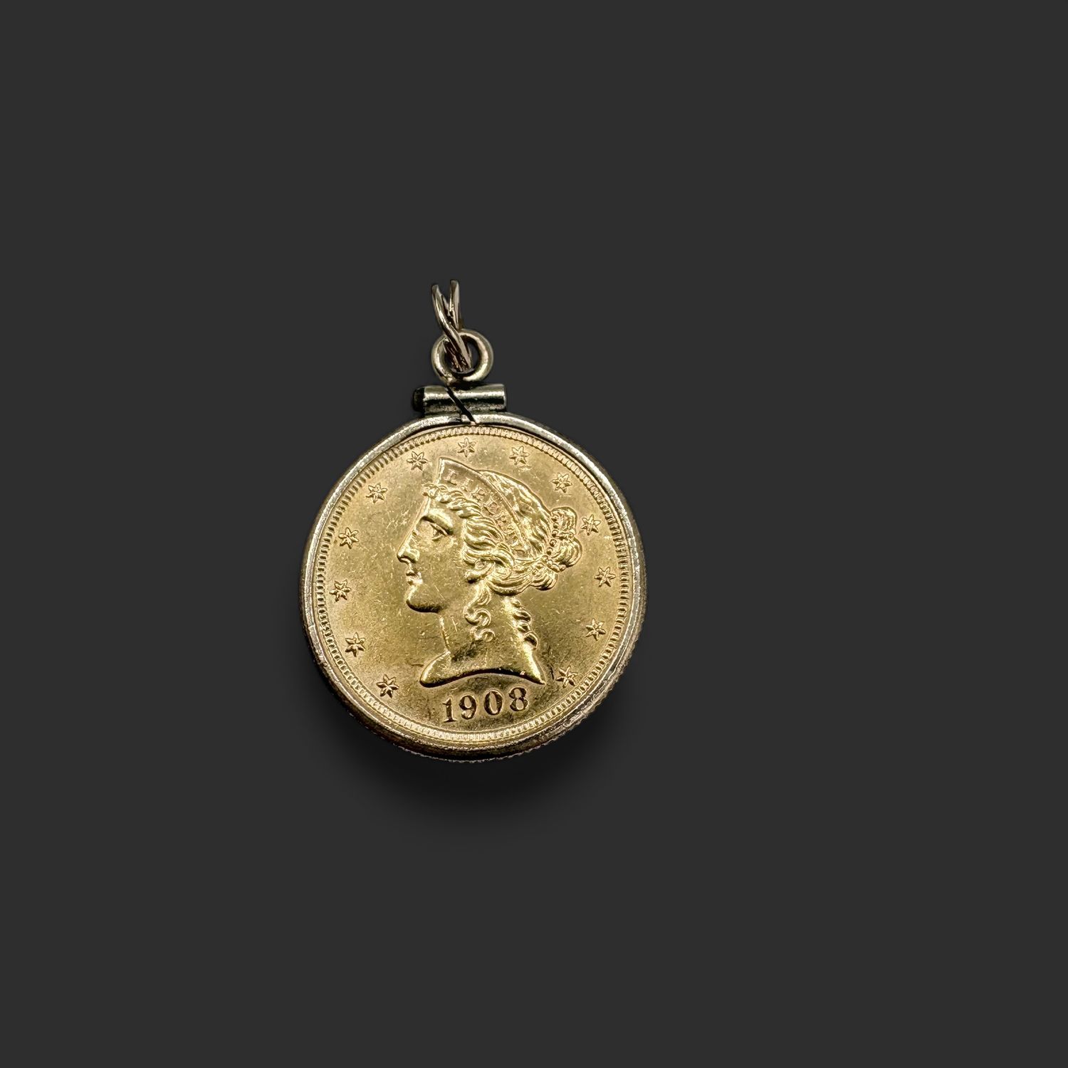 14K YELLOW GOLD BEZEL 1908 COIN PENDANT 9.4GRAMS