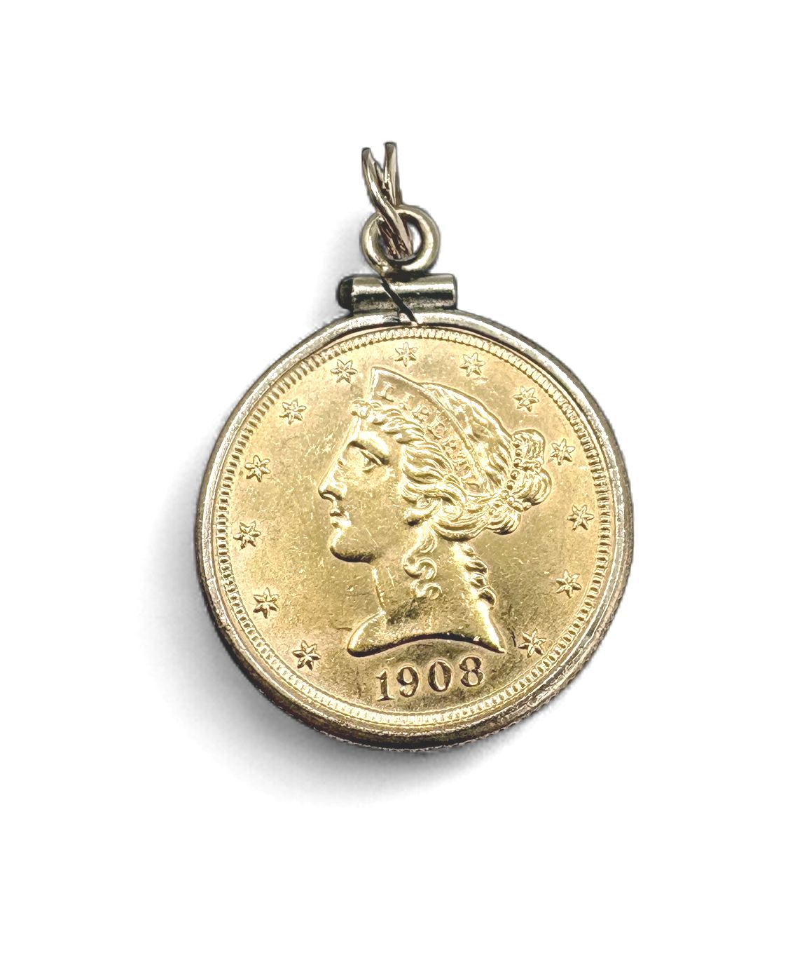 14K YELLOW GOLD BEZEL 1908 COIN PENDANT 9.4GRAMS