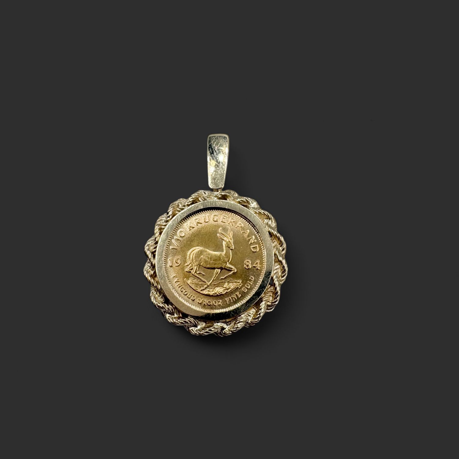 14K YELLOW GOLD ROPE BEZEL 1984 KRUGERRAND 1/10 OZ PENDANT