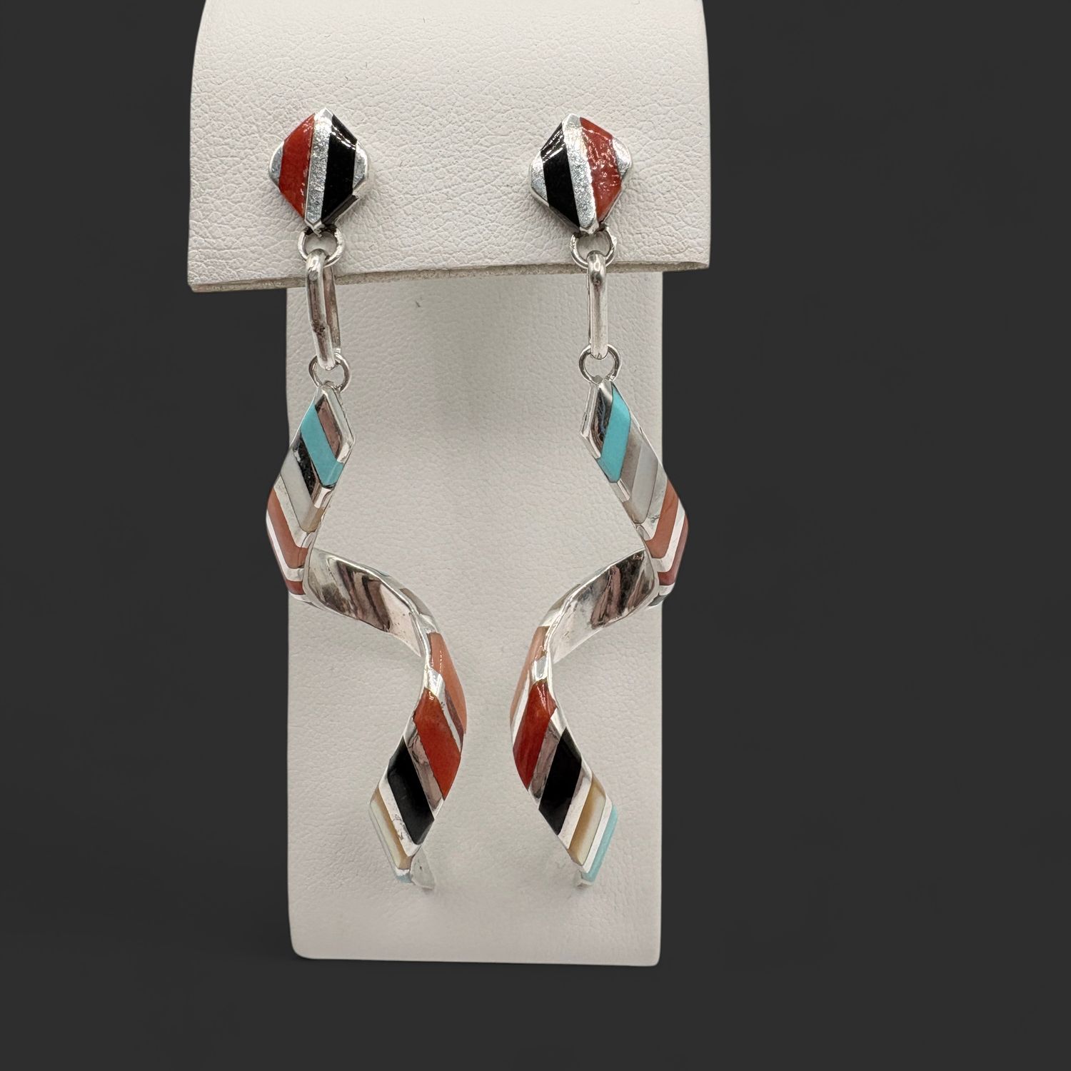 STERLING MUTLI STONE RIBBON SPIRAL EARRING