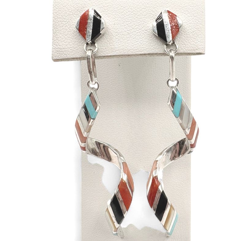 STERLING MUTLI STONE RIBBON SPIRAL EARRING