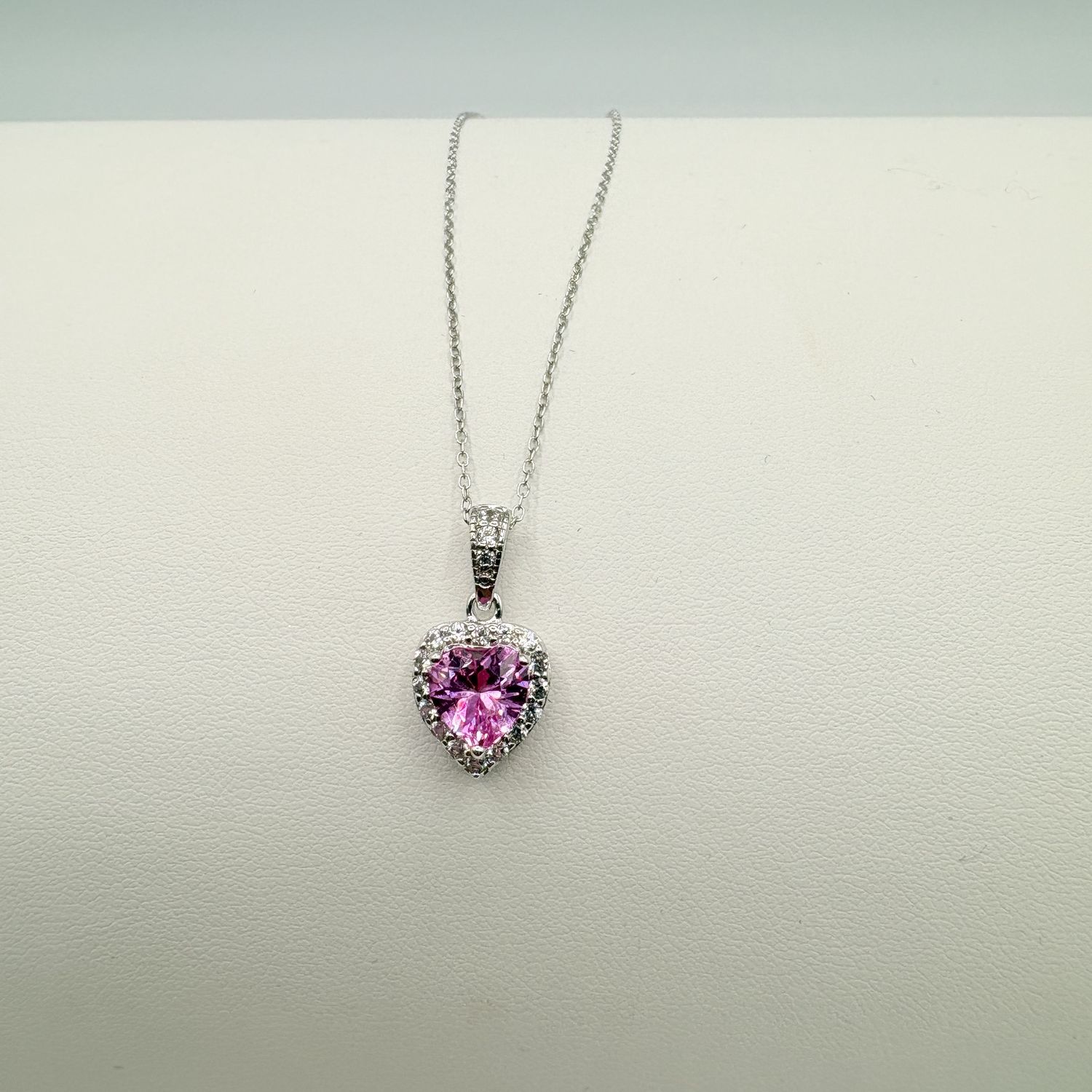 STERLING PINK CRYSTAL HEART W/CZ PENDANT WITH 18" CHAIN