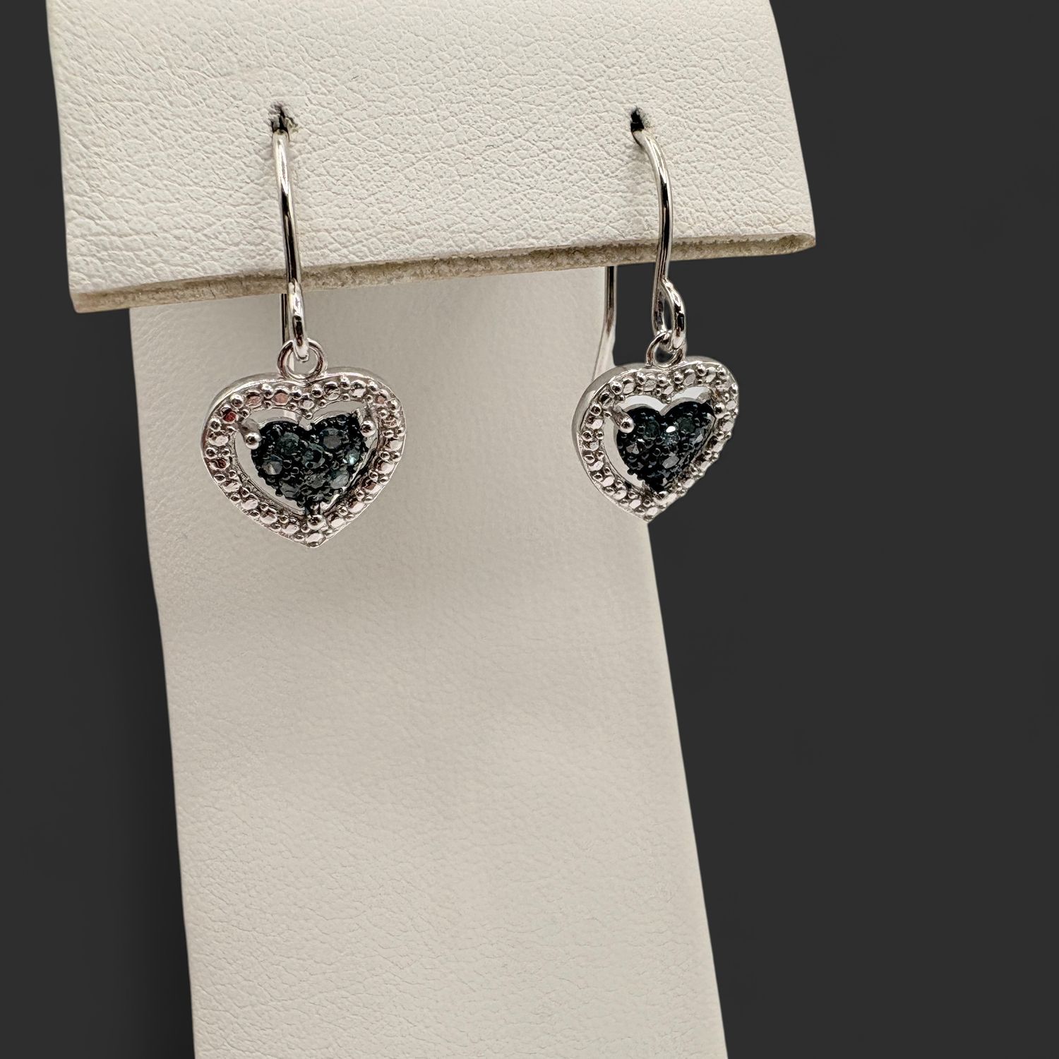 STERLING BLUE &amp; WHITE DIAMOND HEART DANGLE EARRING
