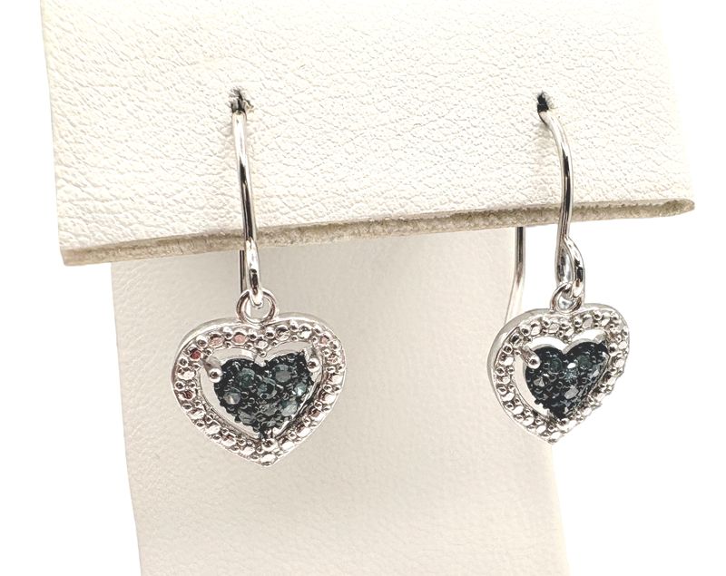 STERLING BLUE &amp; WHITE DIAMOND HEART DANGLE EARRING