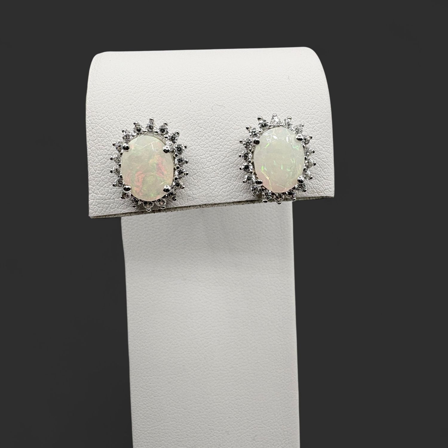STERLING OPAL &amp; CZ STUD EARRINGS