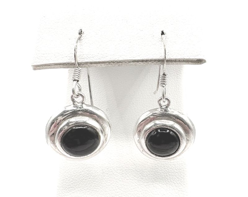STERLING BEZEL ROUND ONYX DANGLE EARRING